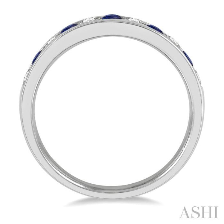 1/4 ctw Round Cut Diamond and 2.3MM Sapphire Precious Wedding Band in 14K White Gold