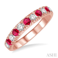 3/8 ctw Round Cut Diamond and 2.6MM Ruby Precious Wedding Band in 14K rose Gold