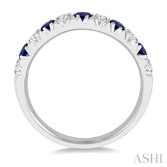 3/8 ctw Round Cut Diamond and 2.6MM Sapphire Precious Wedding Band in 14K White Gold