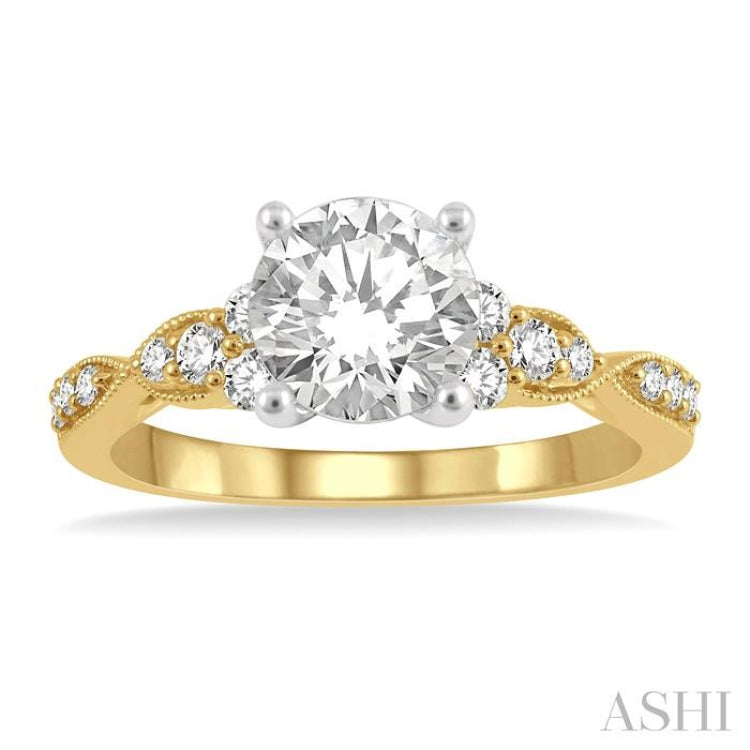 1/4 ctw Carved Shank Round Cut Diamond Semi Mount Engagement Ring in 14K Yellow and White Gold