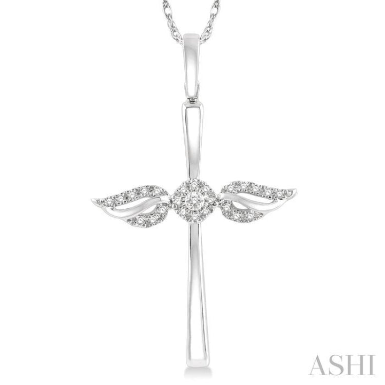 1/10 Ctw Angel Wing Round Cut Diamond Cross Pendant With Chain in 10K White Gold