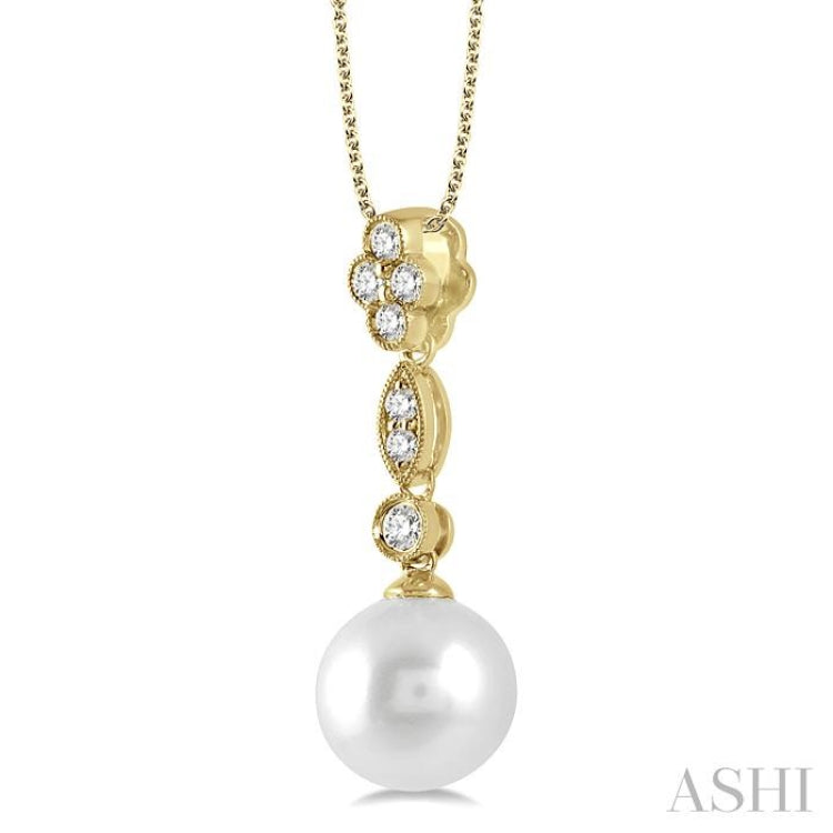 8MM Cultured Pearl and 1/6 ctw Floral Dangler Round Cut Diamond Pendant With Chain in 14K Yellow Gold