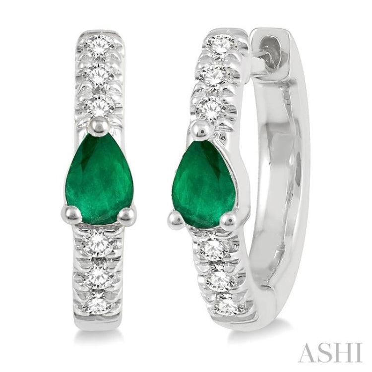 1/10 Ctw 4X3 MM Pear Cut Emerald and Round Cut Diamond Huggie Earrings in 10K White Gold