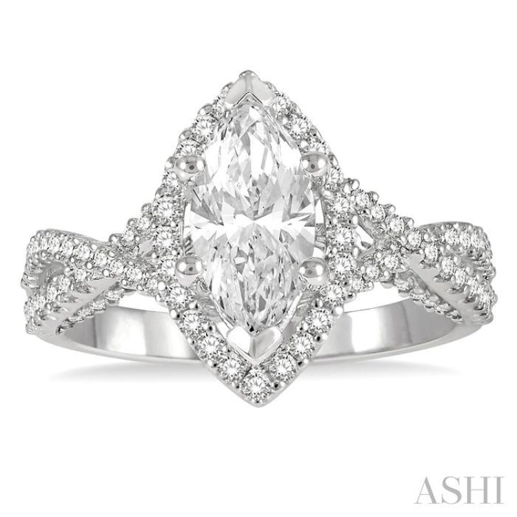 5/8 ctw Marquise Shape Crisscross Shank Round Cut Diamond Semi-Mount Engagement Ring in 14K White Gold