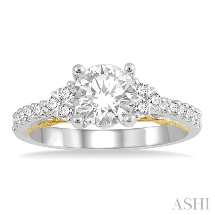 1/3 ctw Circular Shape Tri Mount Round Cut Diamond Semi-Mount Engagement Ring in 14K White and Yellow Gold