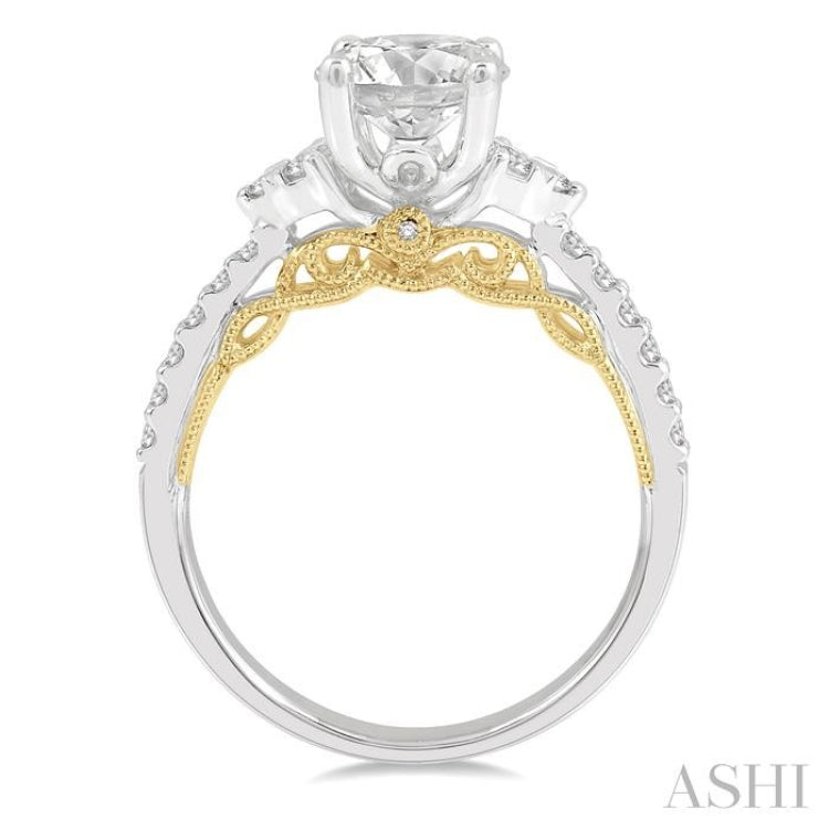 1/3 ctw Circular Shape Tri Mount Round Cut Diamond Semi-Mount Engagement Ring in 14K White and Yellow Gold