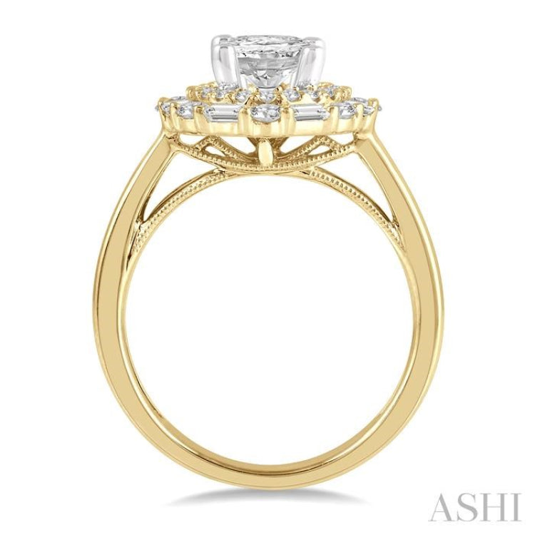 3/4 ctw Oval Shape Baguette and Round Cut Diamond Semi-Mount Engagement Ring in 14K Yellow and White Gold