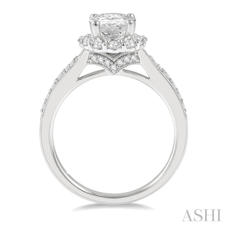 3/4 ctw Oval Mount Round Cut Diamond Semi-Mount Engagement Ring in 14K White Gold