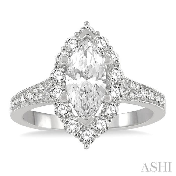 3/4 ctw Marquise Shape Mount Round Cut Diamond Semi-Mount Engagement Ring in 14K White Gold