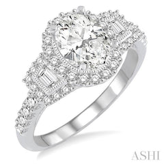 1 Ctw Oval Shape Baguette and Round Cut Diamond Semi-Mount Engagement Ring in 14K White Gold