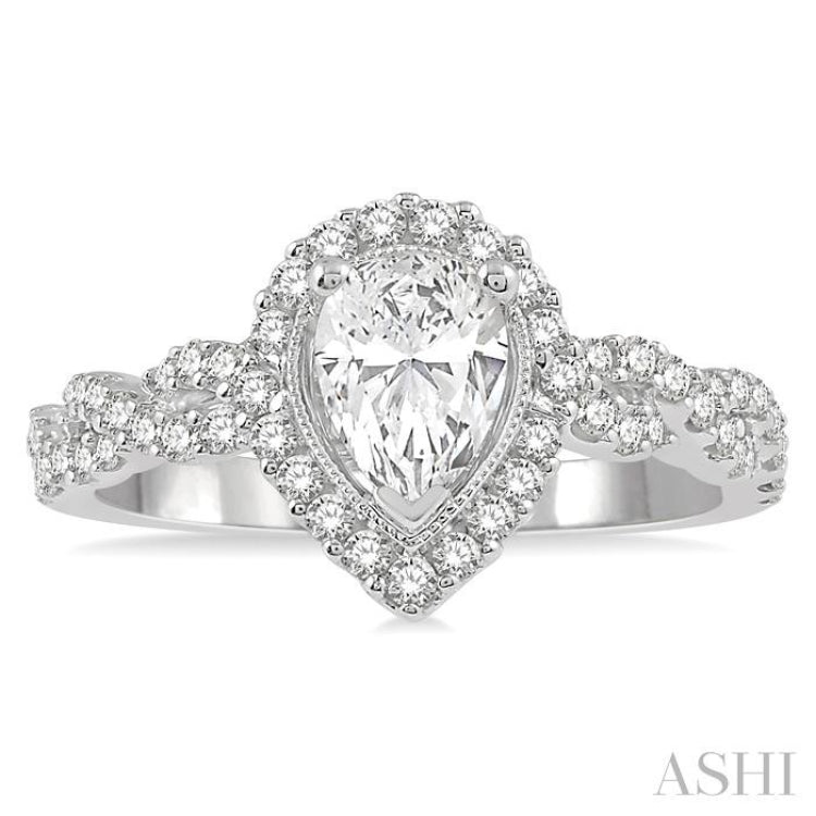 3/4 Ctw Intertwined Shank Round Cut Diamond Ladies Engagement Ring with 3/8 Ct Pear Shaped Center Stone in 14K White Gold