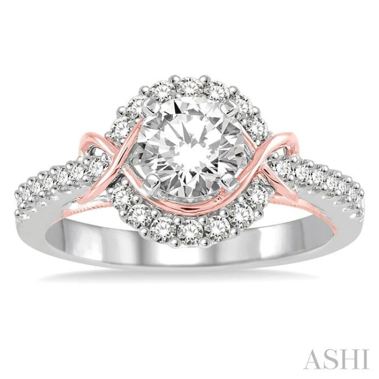 1 1/10 Ctw Diamond Engagement Ring with 3/4 Ct Round Cut Center Stone in 14K White and Rose Gold