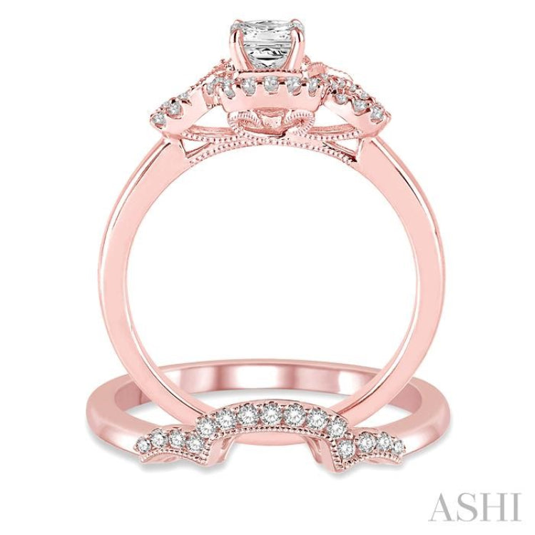 1/2 Ctw Diamond Wedding Set with 3/8 Ctw Princess Cut Engagement Ring and 1/10 Ctw Wedding Band in 14K Rose Gold