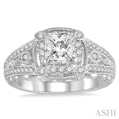 7/8 Ctw Diamond Engagement Ring with 1/2 Ct Princess Cut Center Stone in 14K White Gold