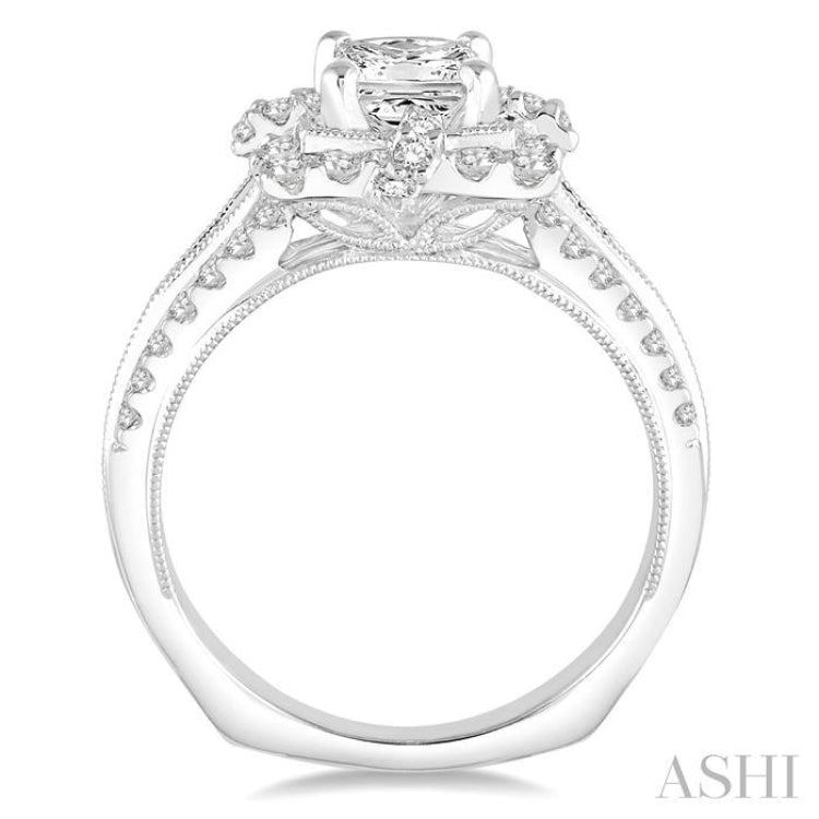 1 1/2 Ctw Diamond Engagement Ring with 3/4 Ct Princess Cut Center Stone in 14K White Gold