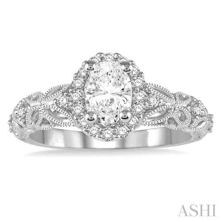 1/3 Ctw Round Diamond Oval Halo Vintage Inspired Semi-Mount Engagement Ring in 14K White Gold