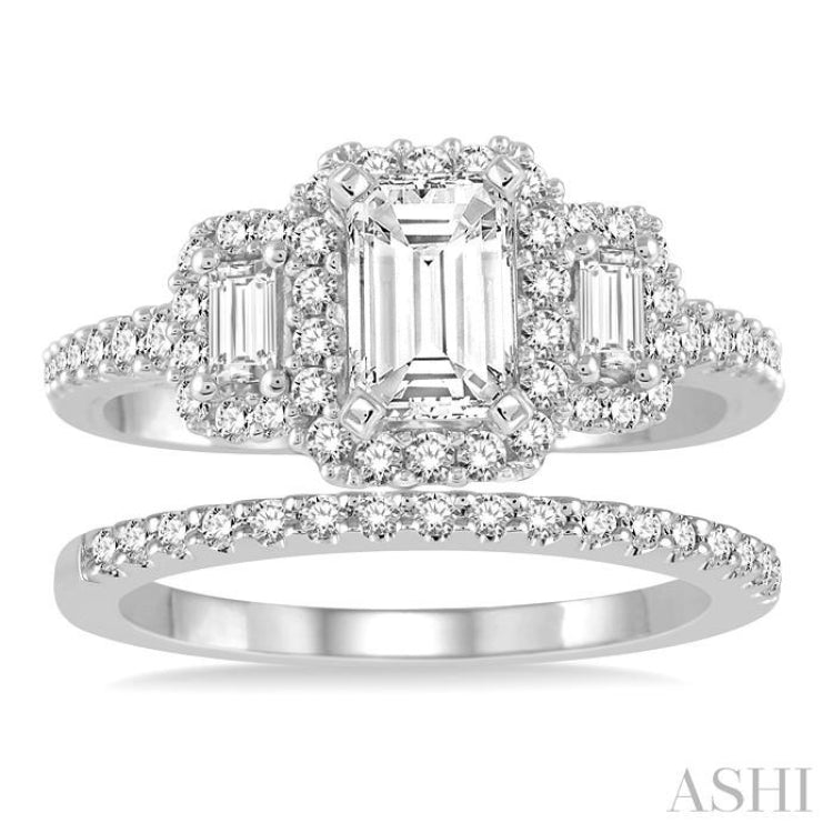 1 1/10 ctw Diamond Bridal Set with 1 ctw Emerald Cut Engagement Ring and 1/8 ctw Wedding Band in 14K White Gold