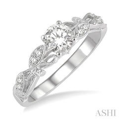 1/10 ctw Leaf Criss Cross Shank Round Cut Diamond Semi-Mount Engagement Ring in 14K White Gold