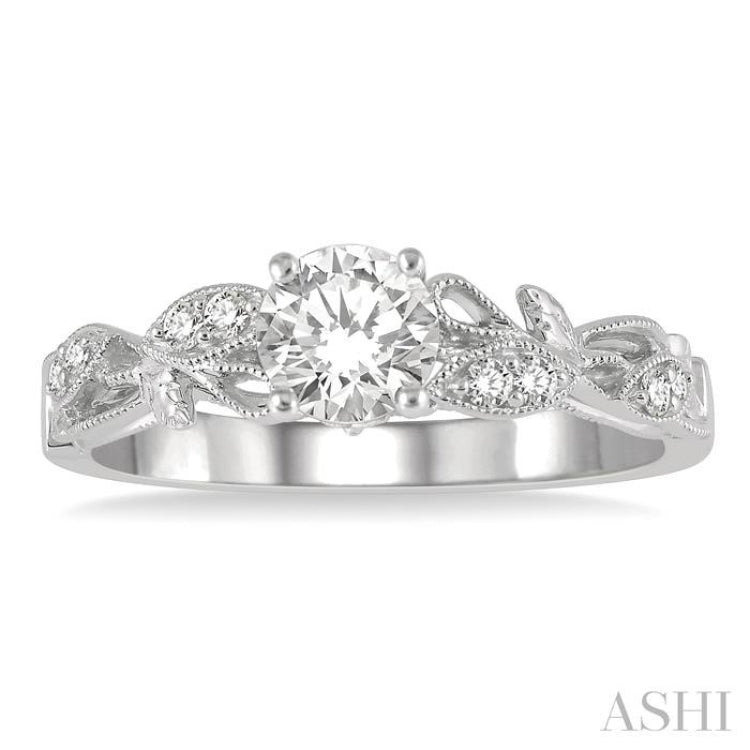 1/10 ctw Leaf Criss Cross Shank Round Cut Diamond Semi-Mount Engagement Ring in 14K White Gold