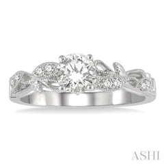 1/10 ctw Leaf Criss Cross Shank Round Cut Diamond Semi-Mount Engagement Ring in 14K White Gold