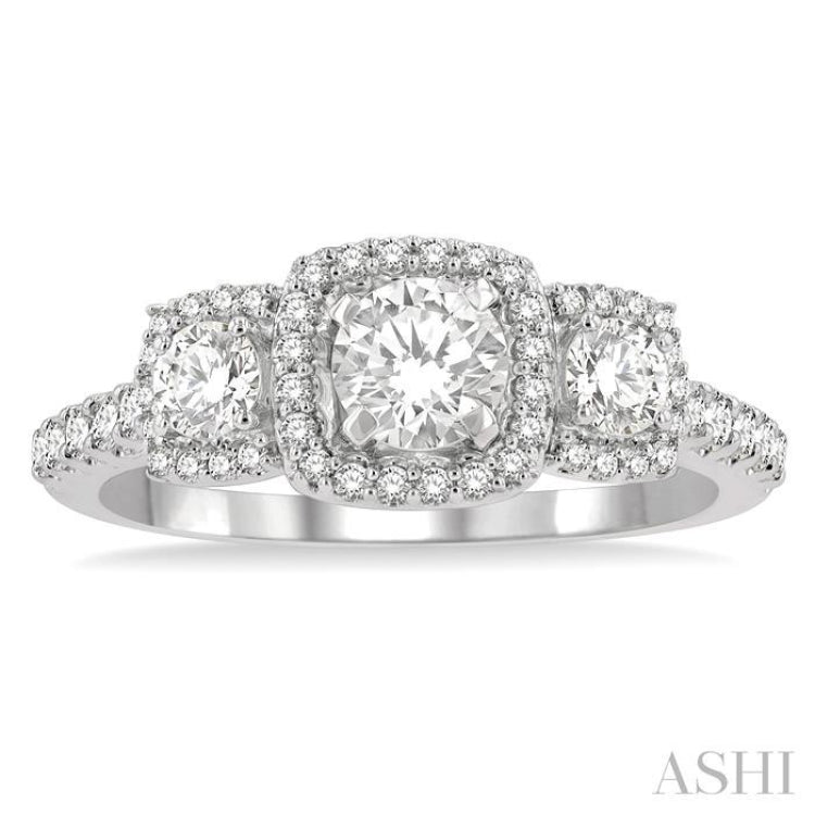 5/8 Ctw Cushion Shape Past, Present & Future Round Cut Diamond Semi Mount Engagement Ring in 14K White Gold