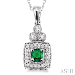 4x4 MM Cushion Shape Emerald and 1/5 Ctw Round Cut Diamond Pendant in 14K White Gold with Chain