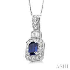 6x4 MM Emerald Shape Sapphire and 1/4 Ctw Round and Baguette Cut Diamond Pendant in 14K White Gold with Chain