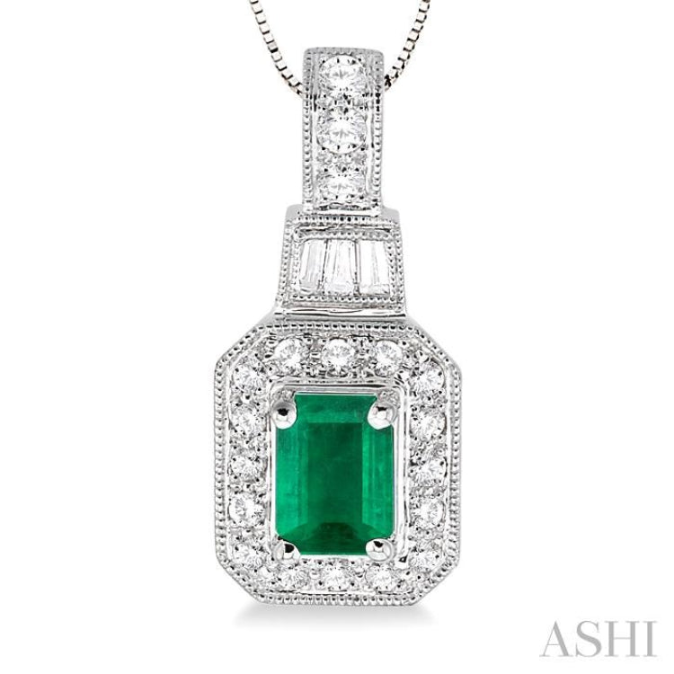 6x4 MM Emerald Shape Emerald and 1/4 Ctw Round and Baguette Cut Diamond Pendant in 14K White Gold with Chain