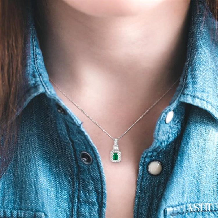 6x4 MM Emerald Shape Emerald and 1/4 Ctw Round and Baguette Cut Diamond Pendant in 14K White Gold with Chain