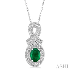 6x4 MM Oval Cut Emerald and 1/5 Ctw Round Cut Diamond Pendant in 14K White Gold with Chain