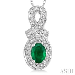 6x4 MM Oval Cut Emerald and 1/5 Ctw Round Cut Diamond Pendant in 14K White Gold with Chain