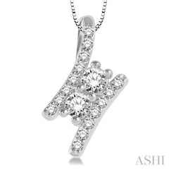 3/4 Ctw Twin Center Parallel Bar Round Cut Diamond 2Stone Pendant With Link Chain in 14K White Gold