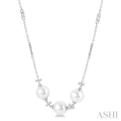 1/5 Ctw 8x8MM Triple Cultured Pearls and Round Cut Diamond Circular Mount Necklace in 14K White Gold