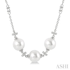 1/5 Ctw 8x8MM Triple Cultured Pearls and Round Cut Diamond Circular Mount Necklace in 14K White Gold