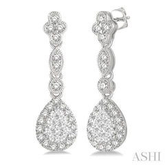 5/8 Ctw Pear Shape Halo Lovebright Round Cut Diamond Earrings in 14K White Gold