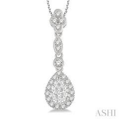 3/8 ctw Pear Shape Halo Lovebright Round Cut Diamond Pendant With Chain in 14K White Gold