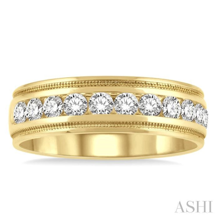 1 Ctw Parallel Milgrain & Niched Center Round Cut Diamond Men's Wedding Band in 14K Yellow Gold