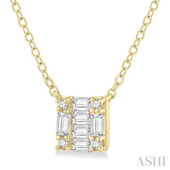 1/8 Ctw Square Shape Baguette and Round Cut Diamond Petite Fashion Pendant With Chain in 10K Yellow Gold