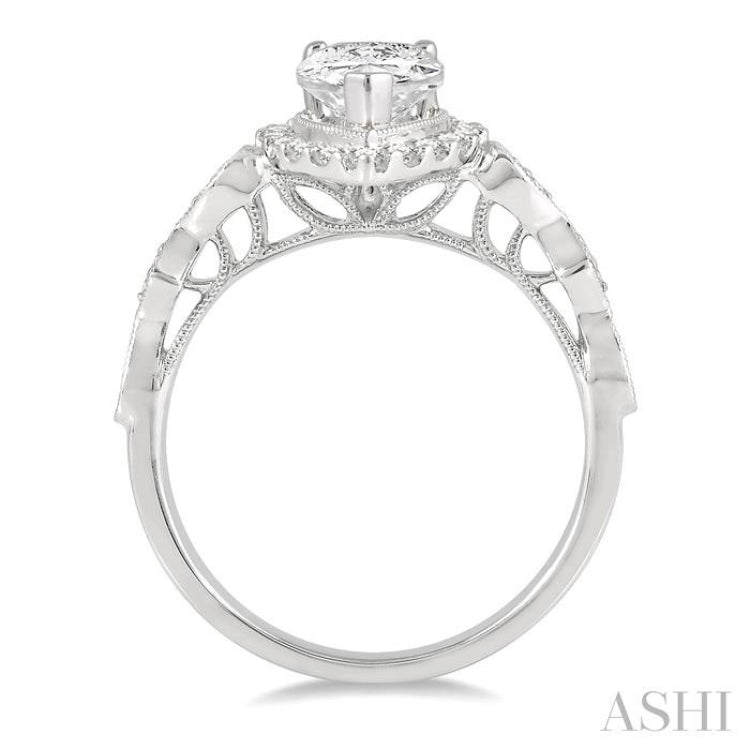 3/4 ctw Carved Shank Round Cut Diamond Engagement Ring With 3/8 ct Pear Cut Center Stone in 14K White Gold