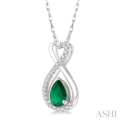 1/10 Ctw Eternity 6X4 MM Pear Cut Emerald and Round Cut Diamond Precious Pendant With Chain in 10K White Gold