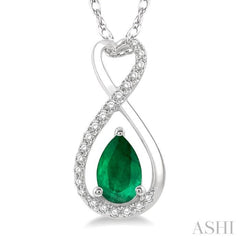 1/10 Ctw Eternity 6X4 MM Pear Cut Emerald and Round Cut Diamond Precious Pendant With Chain in 10K White Gold