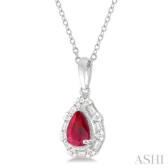 1/5 Ctw Pear Shape 6x4 MM Ruby, Baguette and Round Cut Diamond Precious Pendant With Chain in 14K White Gold