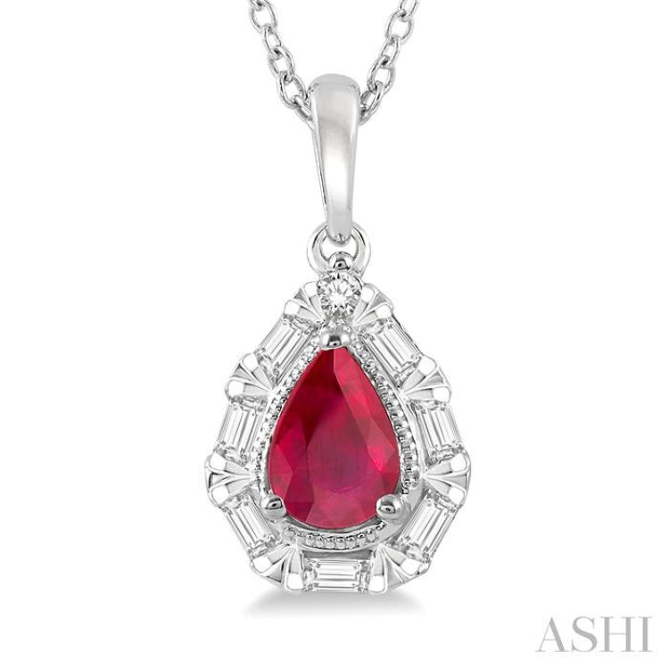 1/5 Ctw Pear Shape 6x4 MM Ruby, Baguette and Round Cut Diamond Precious Pendant With Chain in 14K White Gold