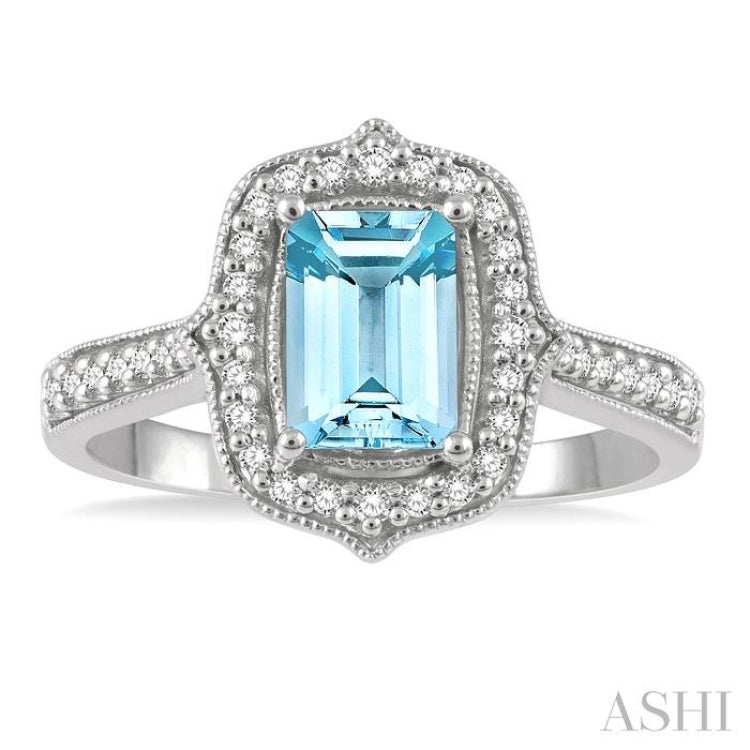 1/4 Ctw Cushion Shape 8x6MM Aquamarine and Round Cut Diamond Precious Ring in 14K White Gold