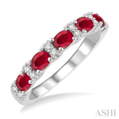 1/6 Ctw Oval Shape 4x3 MM Ruby and Round Cut Diamond Precious Band in 14K White Gold