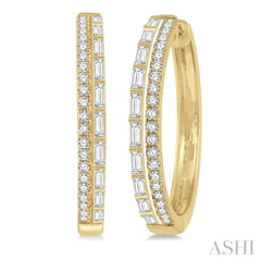 1 Ctw Baguette and Round Cut Diamond Fashion Hoop Earring in 14K Yellow Gold