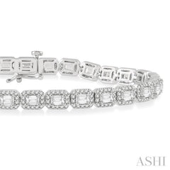 6 Ctw Emerald & Round Cut Diamond Halo Tennis Bracelet in 14K White Gold