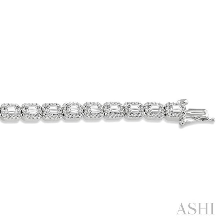 6 Ctw Emerald & Round Cut Diamond Halo Tennis Bracelet in 14K White Gold