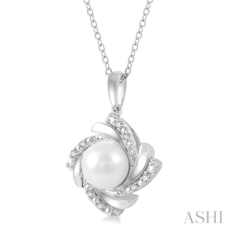 1/50 Ctw Swirl Round Cut Diamond & 7x7 MM Cultured Pearl Pendant With Chain in Sterling Silver