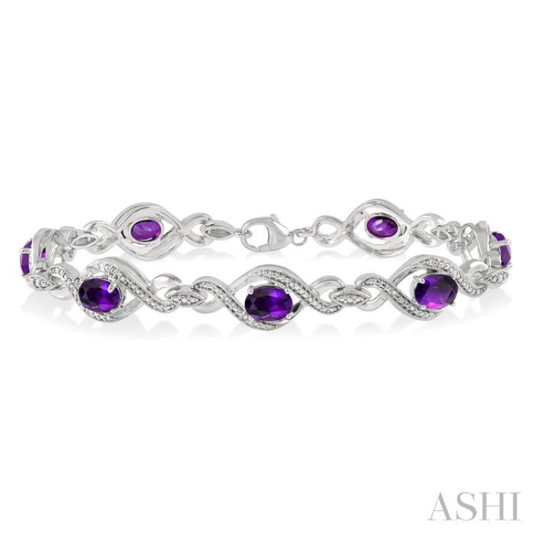 1/10 Ctw Round Cut Diamond & 7x5 MM Oval Cut Amethyst Semi Precious Bracelet in Sterling Silver